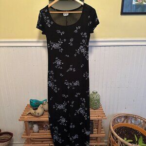 Jalate Vintage 90s maxi dress, black stretch knit or print short sleeves